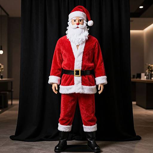 Photorealistic digital image of a Santa Claus figure with a white beard, red velvet suit, black belt, and boots, standing in front of a