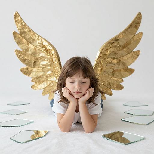 Photograph of a young girl with brown hair, white shirt, and gold angel wings, resting her chin on her hands, surrounded by reflective mirrors on