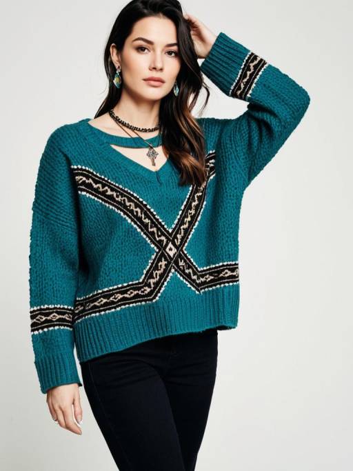 Woman in Teal Tribal Knit Sweater