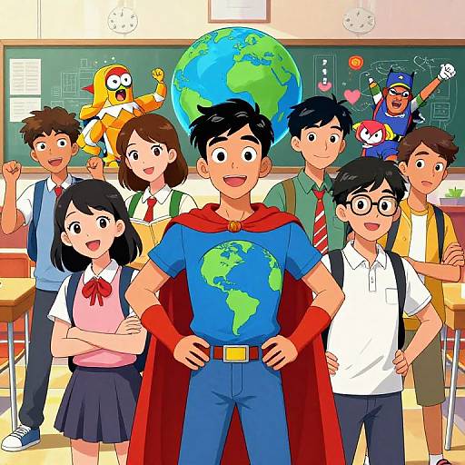 Colorful anime-style classroom scene with a superhero boy in blue shirt, globe emblem, red cape, surrounded by smiling students and cartoon characters.