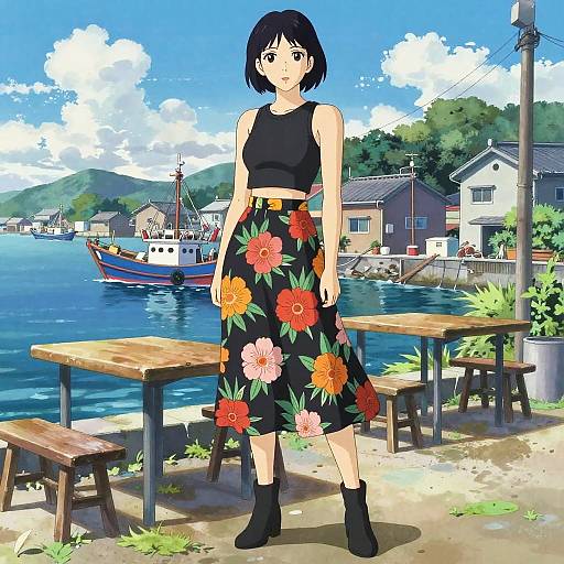 Anime Woman in Floral Skirt by Seaside