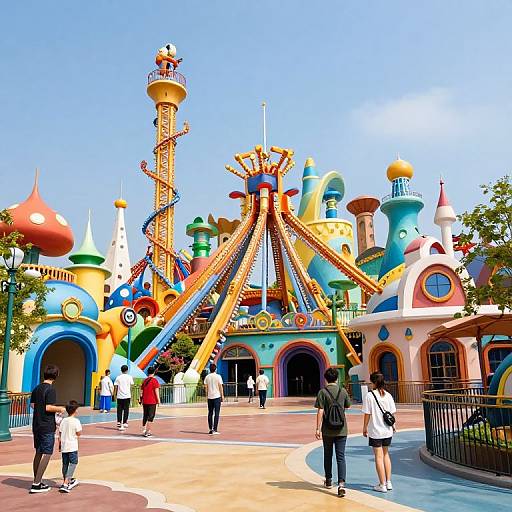Colorful photograph of a whimsical amusement park with a vibrant Ferris wheel, multicolored buildings, and visitors walking on a paved path under a