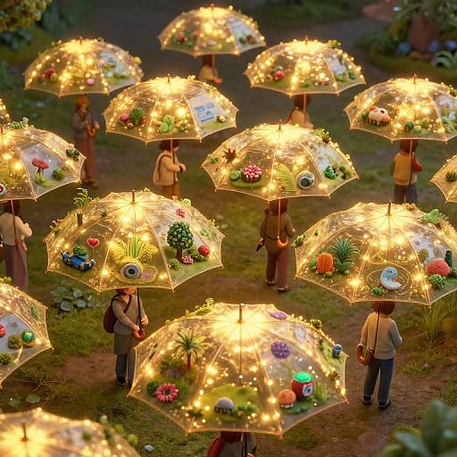 Photograph of people holding illuminated, decorative umbrellas with flowers and lights, standing in a grassy, evening garden. Warm, glowing ambiance.