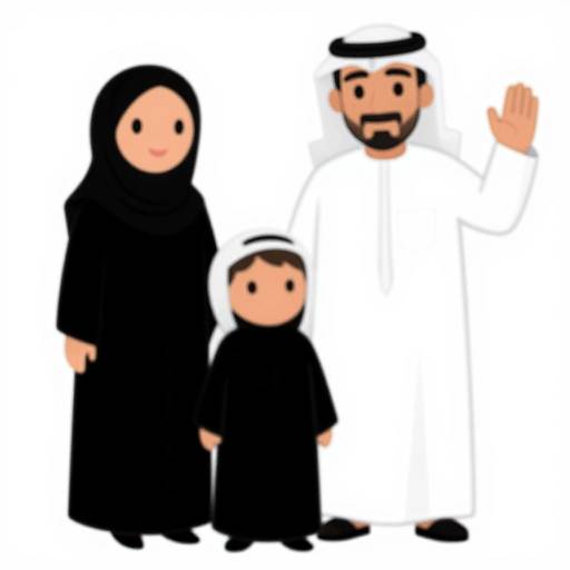 Digital drawing of a family: woman and child in black hijabs, man in white thobe and kufi, waving, white background.