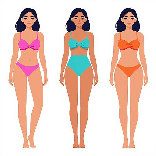 Digital illustration of three women with black hair, wearing pink, blue, and orange bikinis, standing against a white background.