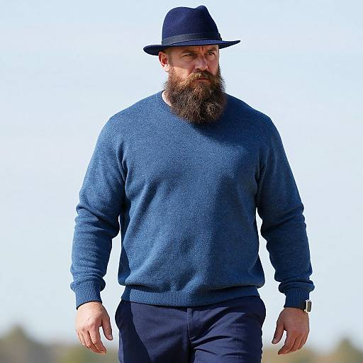 Photograph of a bearded man in a navy blue fedora, matching sweater, and dark pants, walking outdoors against a bright sky.