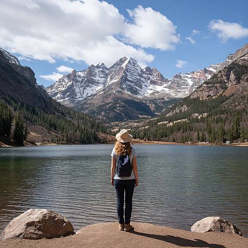 Photograph of a woman with curly hair, wearing a hat, blue backpack, and jeans, standing on a rocky shore, facing snowy mountain peaks and