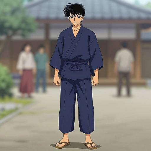 Digital anime-style drawing of a young man with black hair, wearing a navy blue kimono and sandals, standing in a blurred traditional Japanese courtyard with other