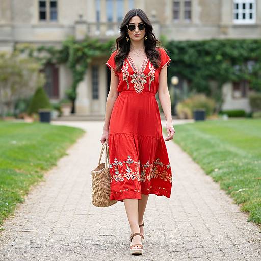 Confident Woman in Red Embroidered Dress