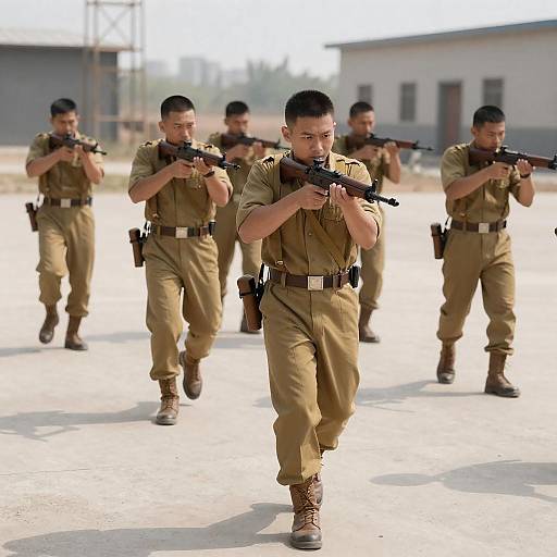 Sunlit Soldiers Running with Rifles
