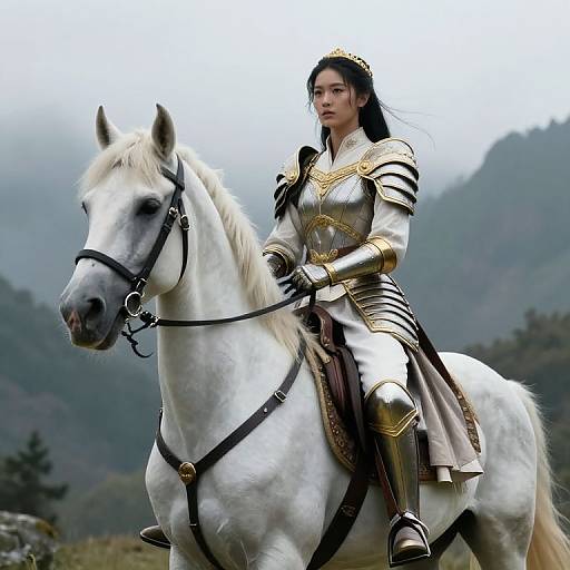 Digital artwork of a young Asian woman with long black hair, wearing golden armor and riding a white horse in a misty mountain landscape.