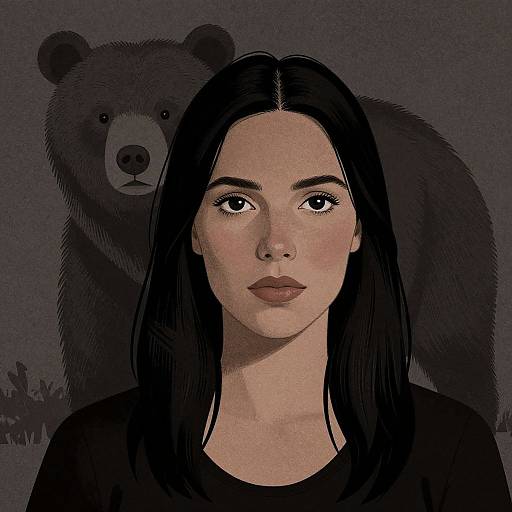 Digital illustration of a woman with long black hair, fair skin, and brown eyes, wearing a black shirt, with a dark brown bear behind her in