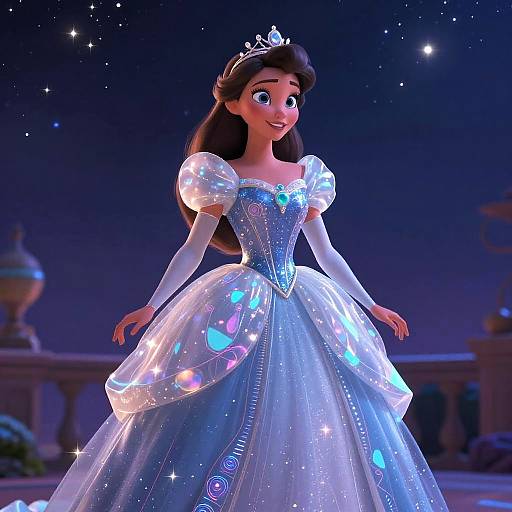 Digital illustration of a Disney-style princess with long brown hair, wearing a glowing, blue and white, fairy-tale gown with puffed sleeves and a