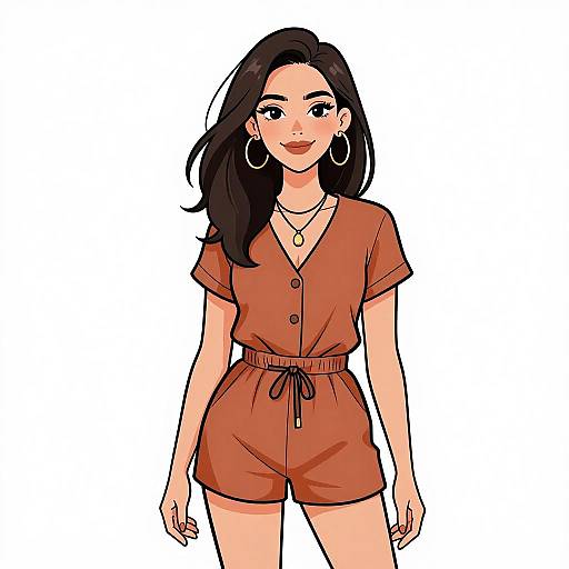 Digital illustration of an attractive woman with long black hair, wearing a rust-colored button-up romper, hoop earrings, and a necklace, smiling confidently against