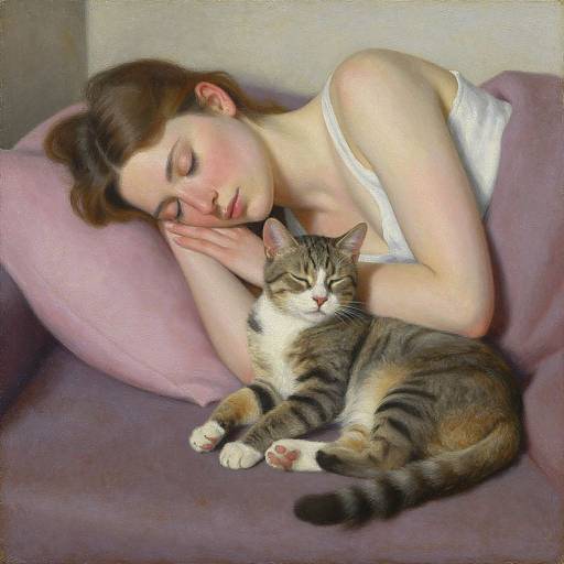 Serene Figurative Painting of Woman and Cat