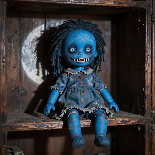 Eerie Blue Doll on Ancient Shelf