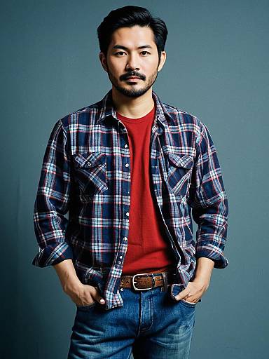 Asian Man in Red Plaid Shirt
