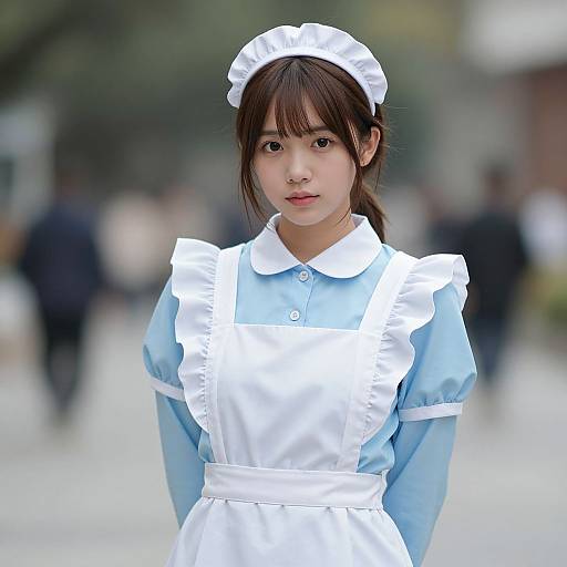 Photograph of an East Asian woman in a light blue and white French maid outfit with frilled apron, headpiece, and long sleeves, standing