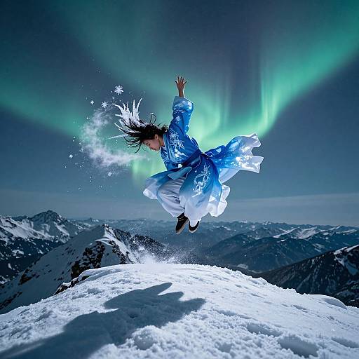 Photograph of a woman in a flowing blue dress, jumping on a snowy mountain peak, with green auroras in the night sky.