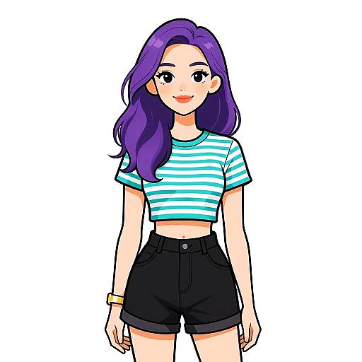 Digital anime-style drawing of a smiling young woman with purple hair, wearing a striped blue and white crop top and black high-waisted shorts.