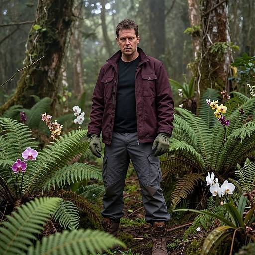 Photograph of a rugged, middle-aged man with short brown hair, wearing a dark jacket, black shirt, and gray pants, standing in a lush
