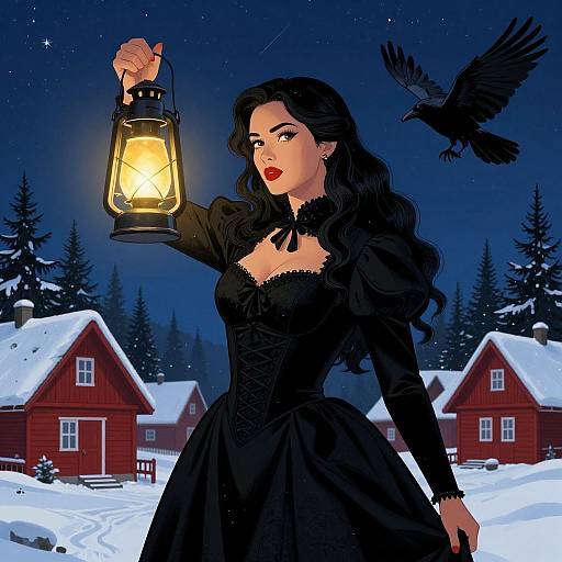 Digital illustration of a dark-haired woman in a black gothic dress, holding a glowing lantern, standing in a snowy village at night with a crow flying