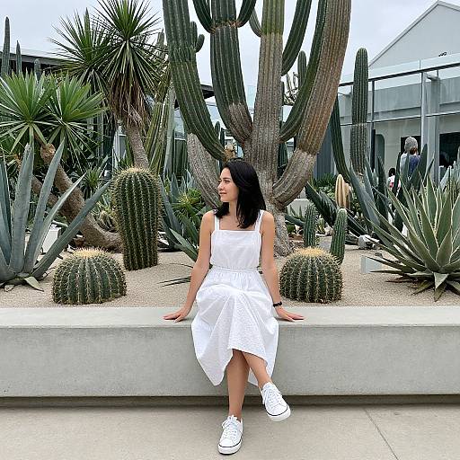 Photograph of an Asian woman with long black hair, wearing a white sundress and white sneakers, sitting on a concrete bench in a cactus garden