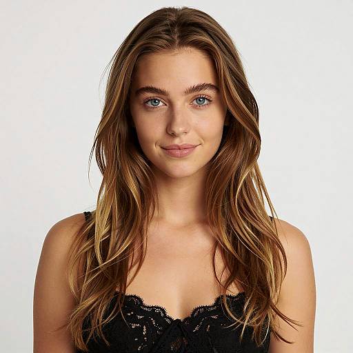 Young Woman with Long Wavy Hair in Black Lace Top