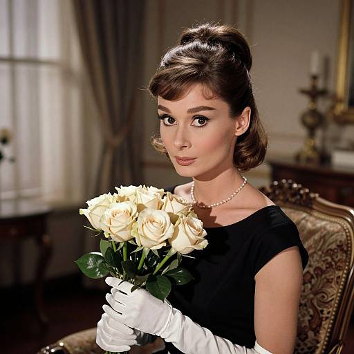 Photograph of a 1950s-style woman with brown hair in an updo, wearing a black dress, pearl necklace, and white gloves,