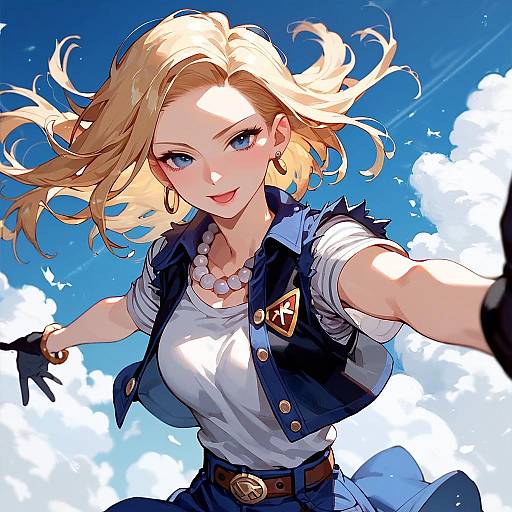 Smiling Android 18 Flying Over Clouds