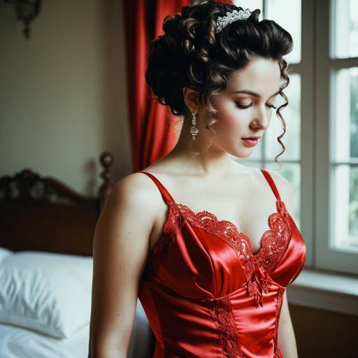 Elegant Character in Red Satin Negligee