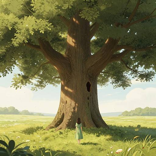 Digital illustration of a young girl in a green dress standing before a massive, sunlit tree with a dark hollow, in a vibrant, sun-dapp