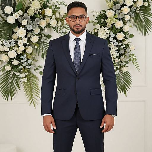 Photograph of a handsome, dark-skinned man with a trimmed beard, black-rimmed glasses, wearing a dark navy suit, white shirt,