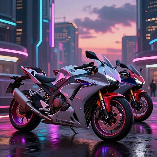 Neon-lit futuristic cityscape at sunset, showcasing a sleek white Triumph motorcycle with red accents and a red sports bike in the background, reflections on
