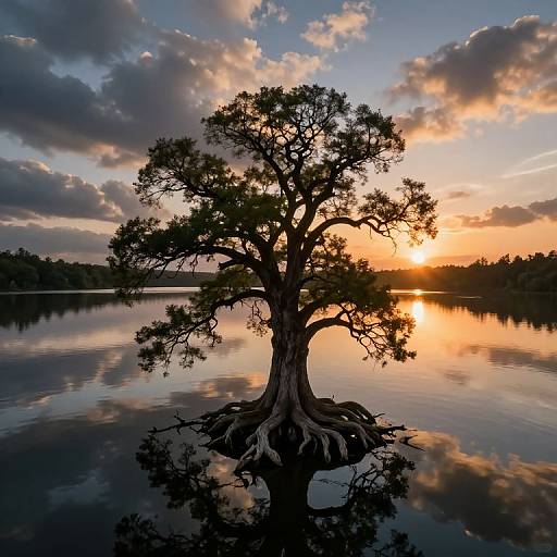 Photograph of a solitary, silhouetted tree with sprawling branches reflected in a calm lake at sunset, with vibrant orange and blue sky and scattered