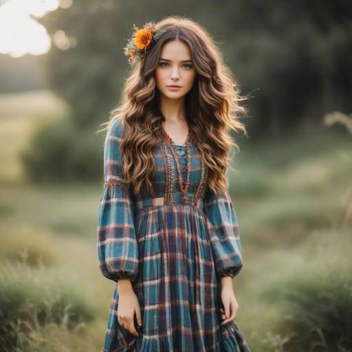 Young woman in vintage dress near old rustic van