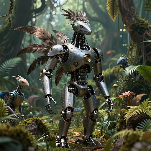 Photorealistic digital art of a shiny, metallic robot with feathered wings standing in a lush, foggy forest, surrounded by ferns and other