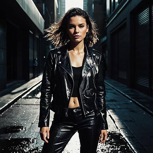 Fashionable Woman in Leather Jacket on Urban Street