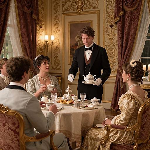 Victorian-era photograph of elegantly dressed man and women around a tea table, served by a black-tie waiter in ornate, gold-decor