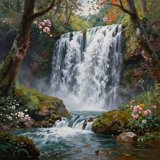 Digital painting of a lush forest waterfall, with vibrant pink and white flowers, misty waters, and moss-covered rocks, framed by tall trees.