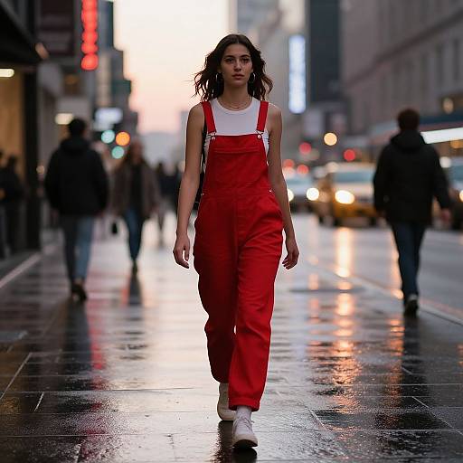 Photograph of a young woman with wavy brown hair, wearing a red overall dress with white tank top, white sneakers, walking on a wet,