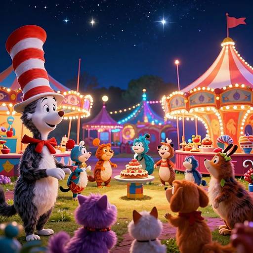 Photograph of a vibrant, nighttime carnival scene featuring animated, colorful animals, including a tall, striped hat-wearing cat as a host, surrounded by
