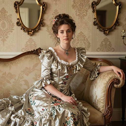 Photograph of a fair-skinned woman with dark curly hair, wearing an ornate, floral-patterned, silver satin dress, sitting on a vintage