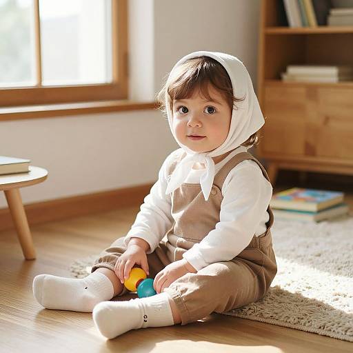 Photograph of a cute toddler with brown hair, wearing a white headscarf, beige overalls, white socks, and a white shirt, sitting