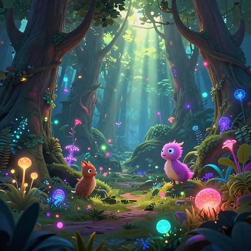 Vibrant digital painting of a magical forest with glowing mushrooms, colorful fairy-like creatures, and sunlight filtering through tall trees.