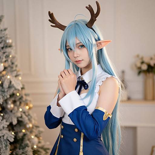 Photograph of a young woman with long blue hair, elf ears, brown antler headpiece, wearing a blue and white cosplay outfit, standing in
