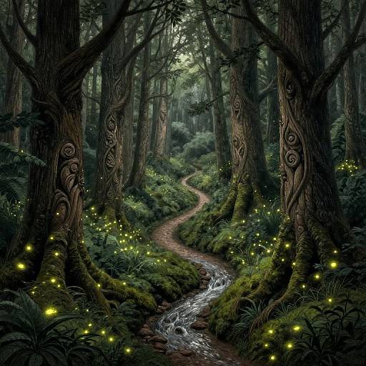 Fantastical forest scene with a winding stream, glowing fireflies, and intricately carved trees, creating a magical, enchanting atmosphere. Digital artwork