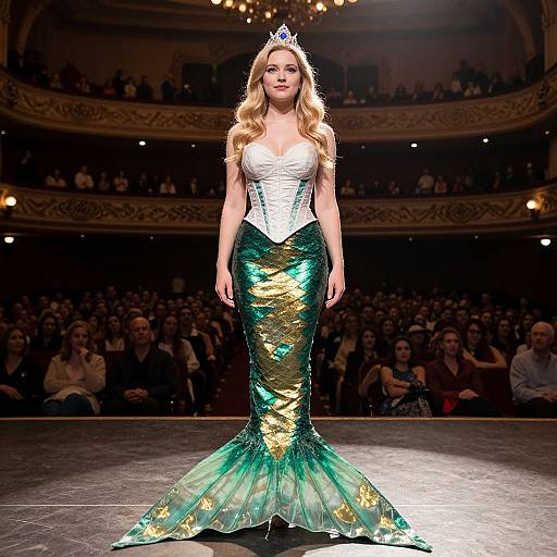 Photograph of a blonde woman with long wavy hair, wearing a white corset and green-gold sequin mermaid gown, tiara,