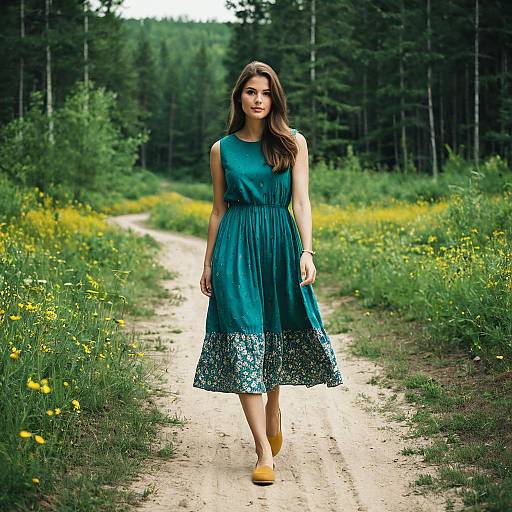 Young Woman Walking on Forest Path in Teal Dress