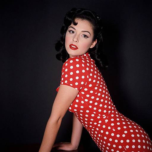 Photograph of a fair-skinned woman with vintage black curls, wearing a red polka dot dress, red lipstick, and black background. She poses